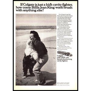 1974 Colgate Toothpaste Vintage Print Ad Billie Jean King Dog on Beach Wall Art